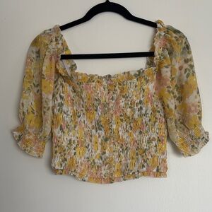 Astr Yellow and Green Floral Smocked Blouse